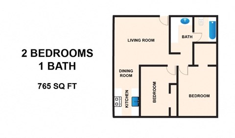Floor plan for 2 beds, 1 bath, 765 sqft